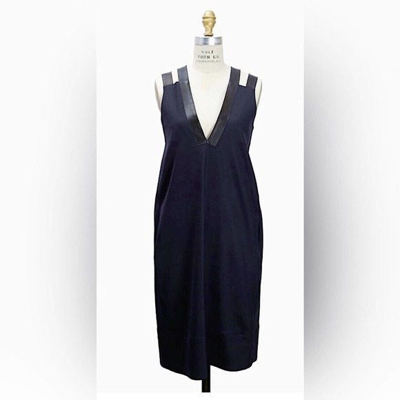 DEREK LAM Midnight Wool Mohair Leather Shift Dress Sleeveless Pockets 8 - Picture 1 of 9